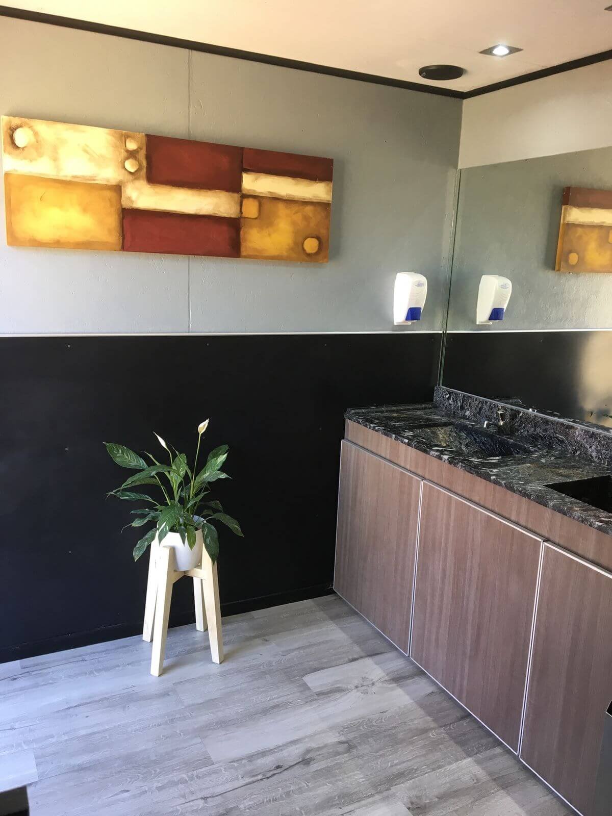 Interior de módulo de baño VIP de Sanitary, con bacha de granito y decoración